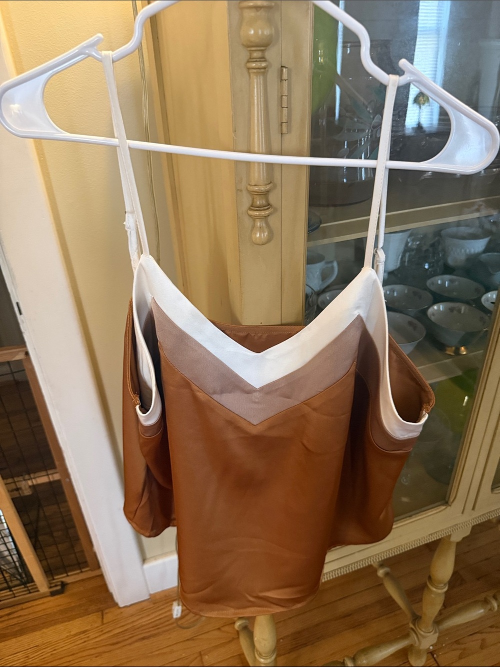 Colorblocked Satin V-Neck Camisole in Tan and White